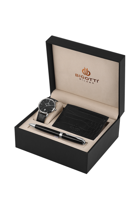 BIGOTTI BG.1.10651-2 SILVER LEATHER BAND BLACK DIAL  FOR MEN