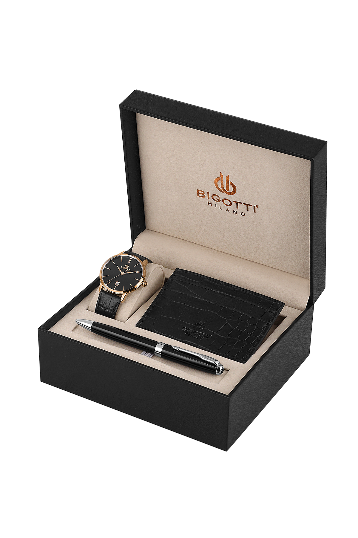 BIGOTTI BG.1.10651-6 BLACK LEATHER BAND BLACK DIAL  FOR MEN