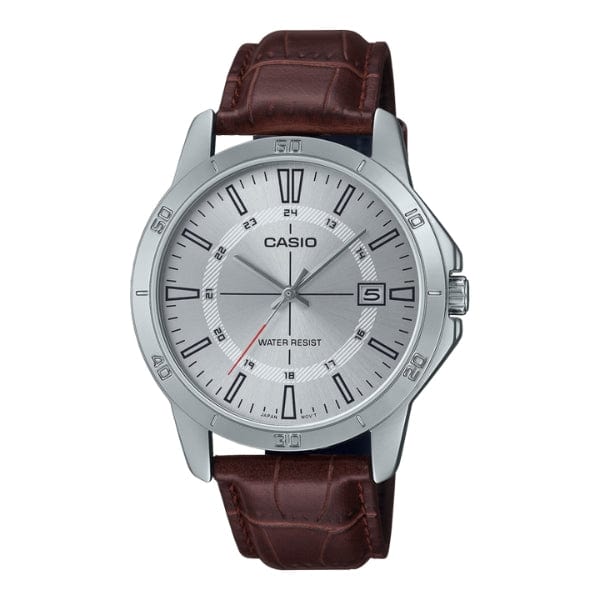 Casio Standard Analog Brown Leather Strap Silver Dial Quartz MTP-V004L-7C Men's Watch