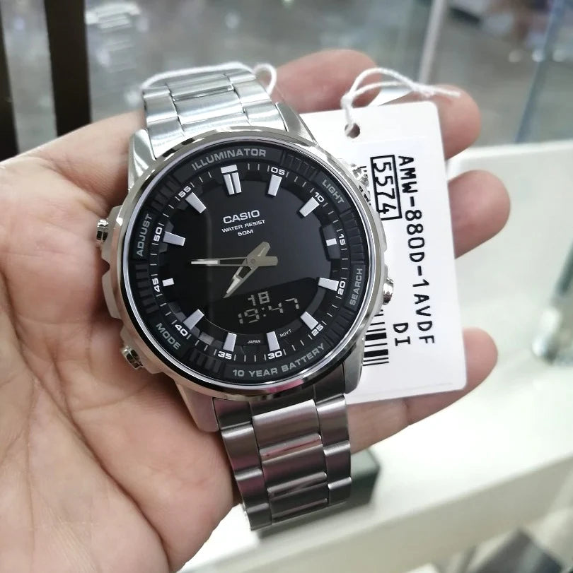 CASIO  AMW-880D-1A SILVER STEEL BAND BLACK DIAL  FOR MEN