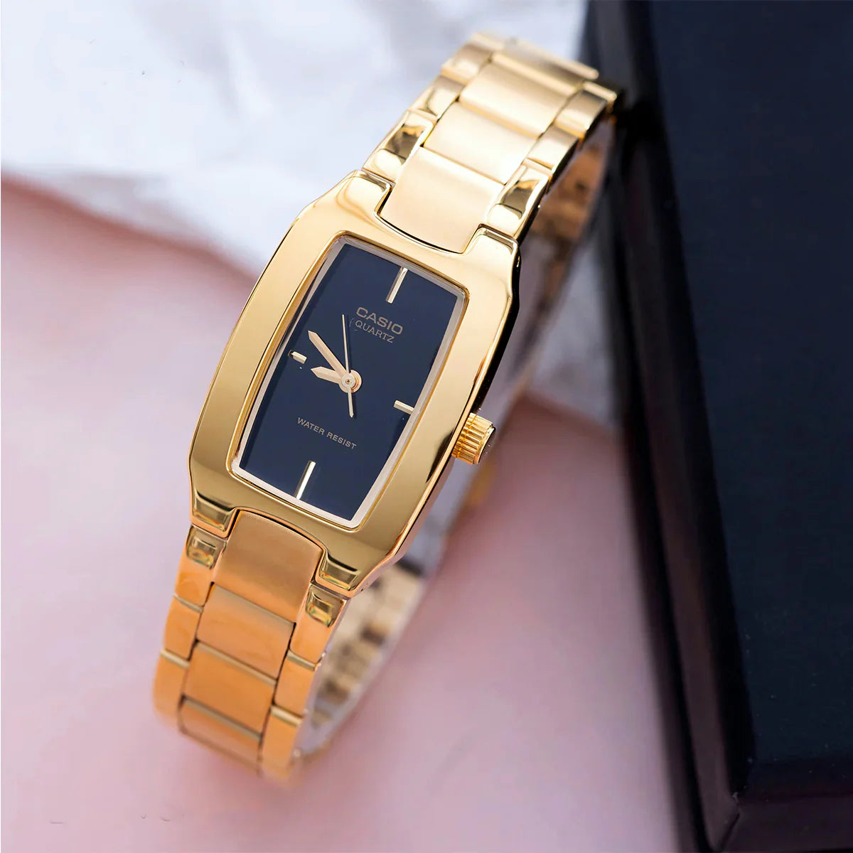 CASIO  LTP-1165N-1C GOLDEN STEEL BAND BLACK DIAL  FOR WOMEN
