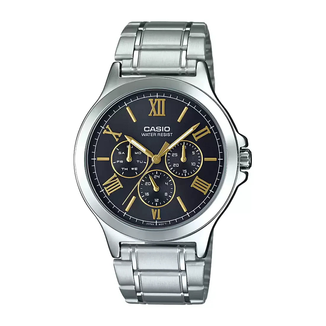 CASIO  MTP-V300D-1A2 SILVER STEEL BAND BLACK DIAL  FOR MEN