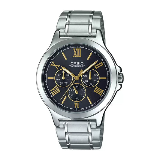 CASIO  MTP-V300D-1A2 SILVER STEEL BAND BLACK DIAL  FOR MEN
