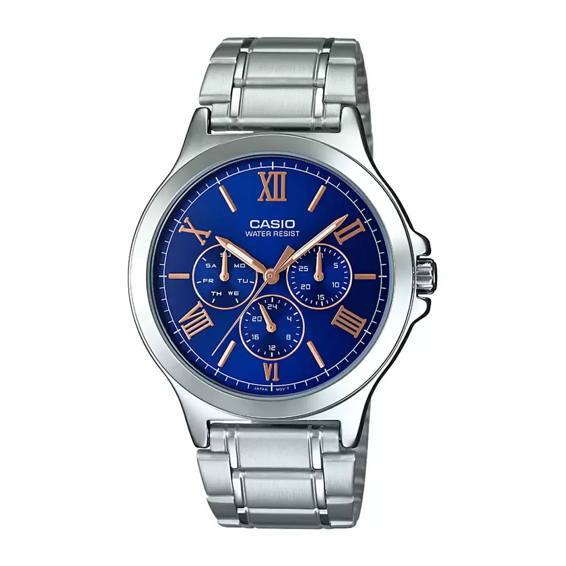 CASIO  MTP-V300D-2A SILVER STEEL BAND NAVY BLUE DIAL  FOR MEN