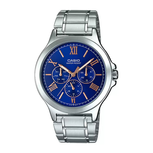 CASIO  MTP-V300D-2A SILVER STEEL BAND NAVY BLUE DIAL  FOR MEN