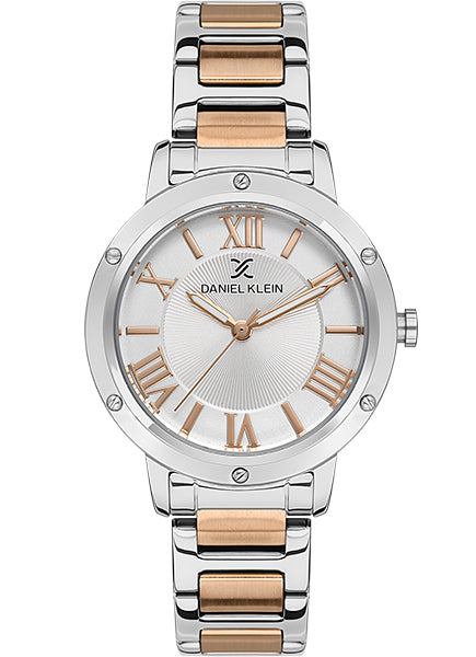 DANIEL KLEIN  DK.1.13498-3 SILVER AND ROSE GOLD STEEL BAND SILVER DIAL  FOR WOMEN
