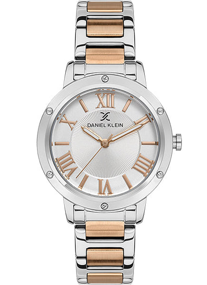DANIEL KLEIN  DK.1.13498-3 SILVER AND ROSE GOLD STEEL BAND SILVER DIAL  FOR WOMEN