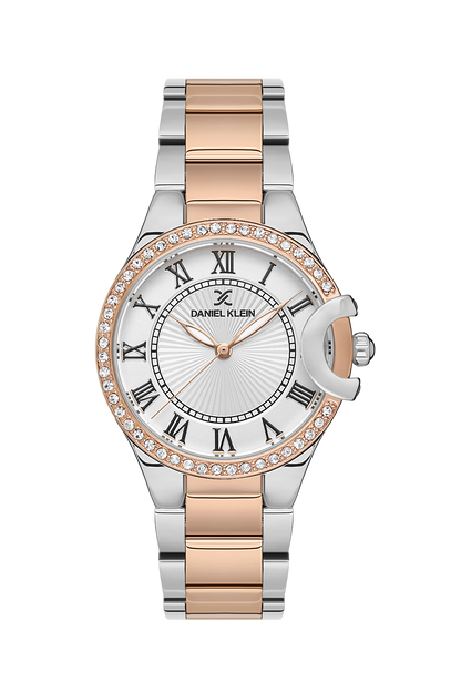 DANIEL KLEIN  DK.1.13603-4 SILVER AND ROSE GOLD STEEL BAND SILVER DIAL  FOR WOMEN