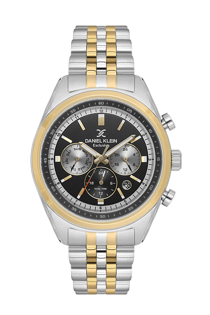 DANIEL KLEIN  DK.1.13976-5 SILVER AND GOLD STEEL BAND BLACK DIAL  FOR MEN