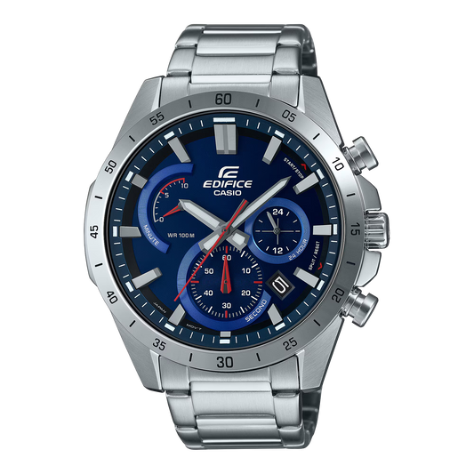 CASIO EDIFICE EFR-573D-2A SILVER STEEL BAND NAVY BLUE DIAL  FOR MEN