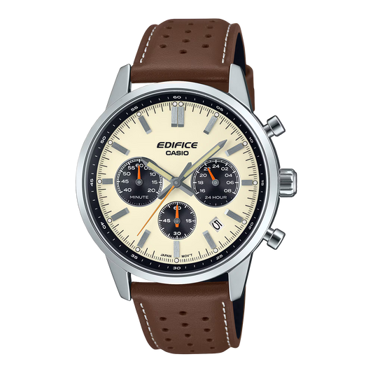 CASIO EDIFICE EFR-575L-7A BROWN LEATHER BAND BEIGE DIAL  FOR MEN