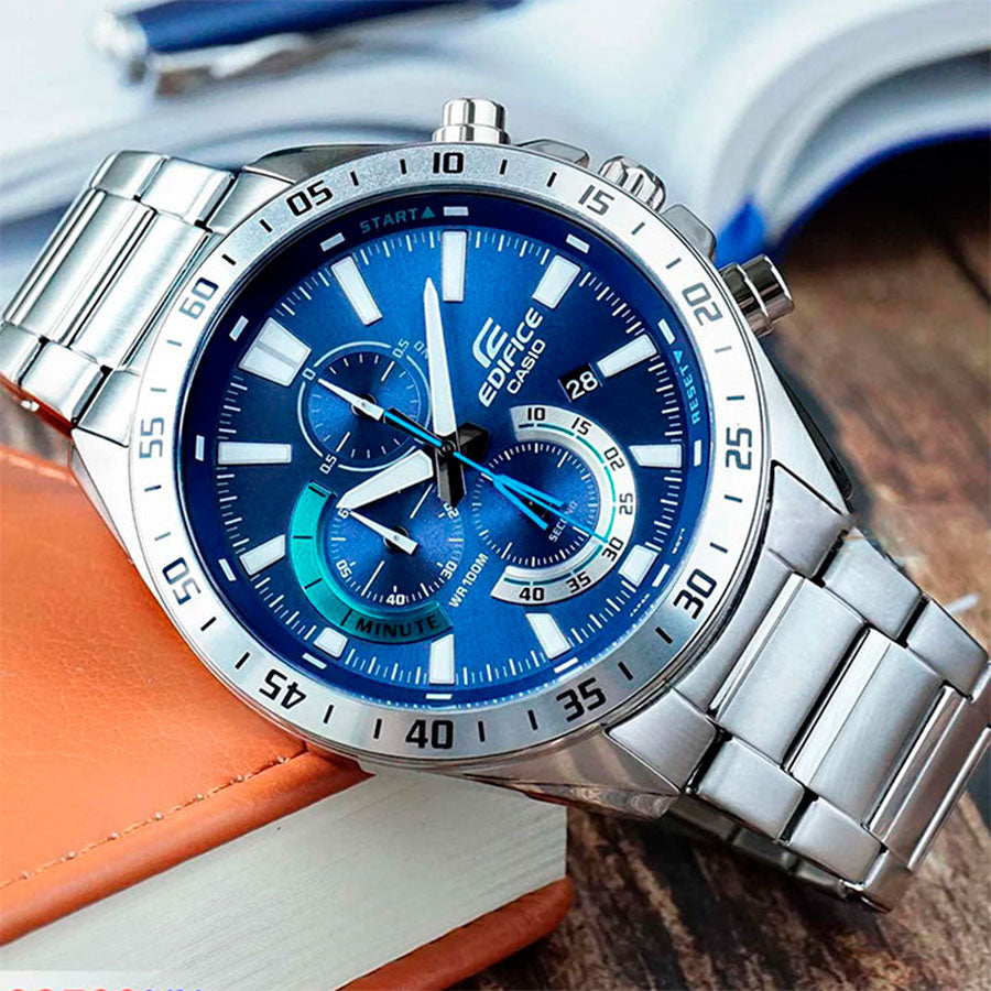 CASIO EDIFICE EFV-620D-2A SILVER STEEL BAND NAVY BLUE DIAL  FOR MEN