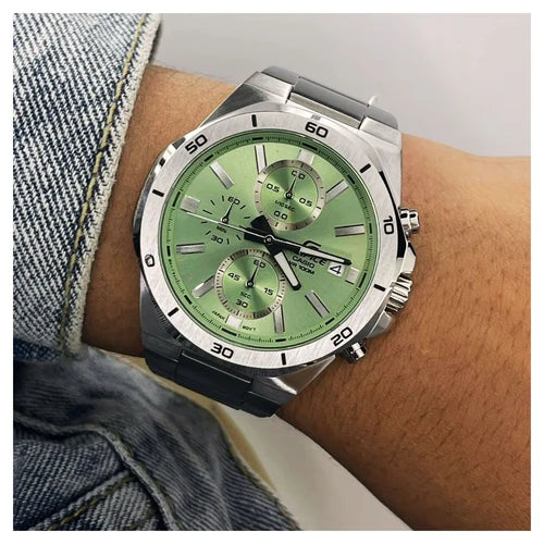 CASIO EDIFICE EFV-640D-3A SILVER STEEL BAND GREEN DIAL  FOR MEN