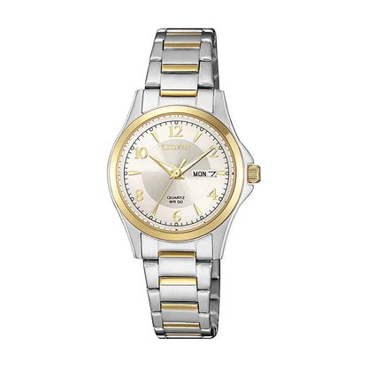 CITIZEN EQ-0595-55A SILVER AND GOLD STEEL BAND SILVER DIAL  FOR WOMEN