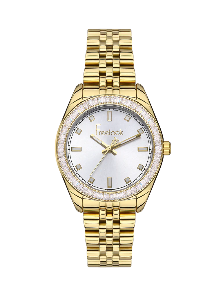 FREELOOK FL.1.10380-4 GOLDEN STEEL BAND SILVER DIAL  FOR WOMEN