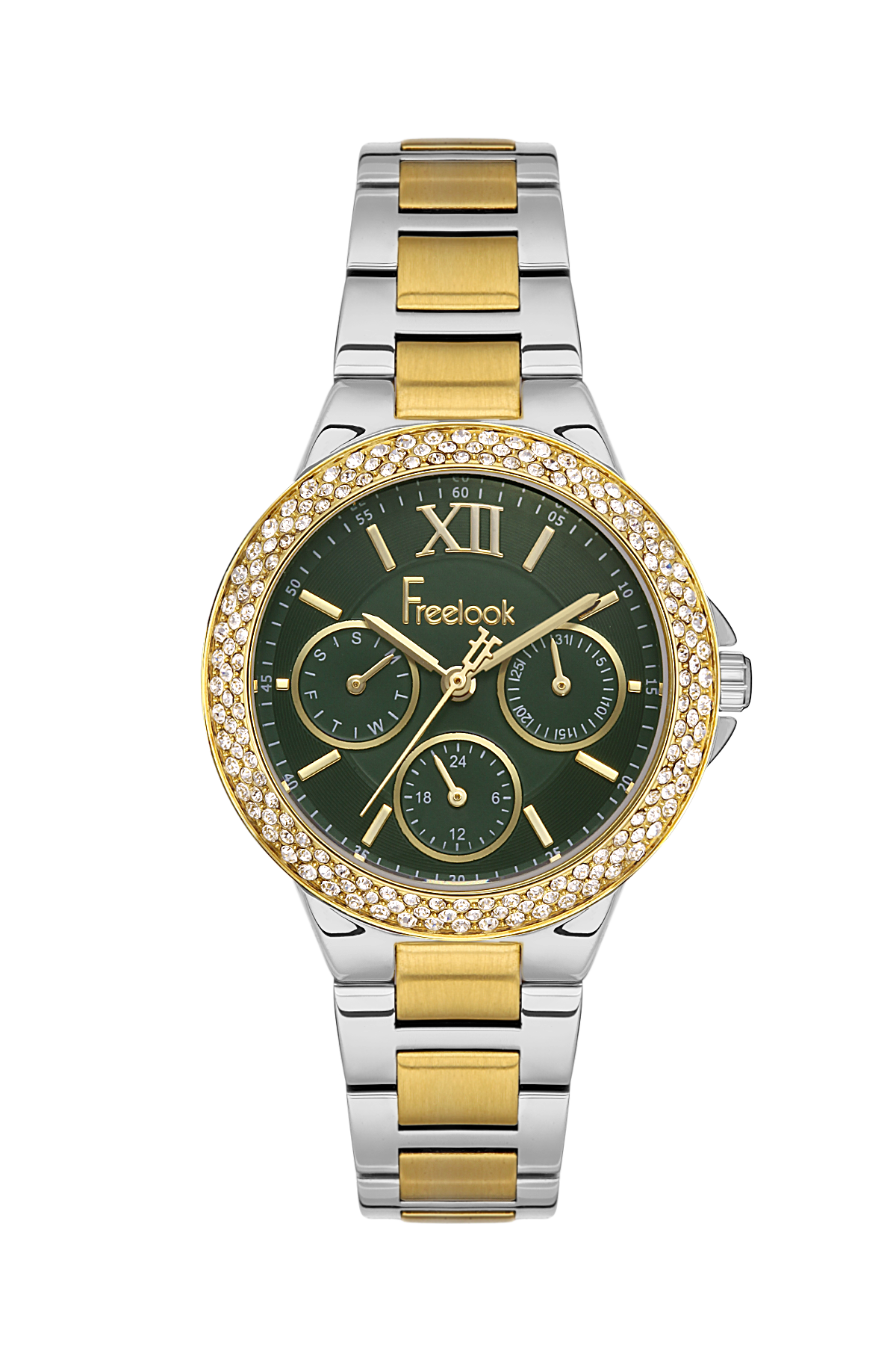 FREELOOK FL.1.10401-3 SILVER AND GOLD STEEL BAND GREEN DIAL  FOR WOMEN