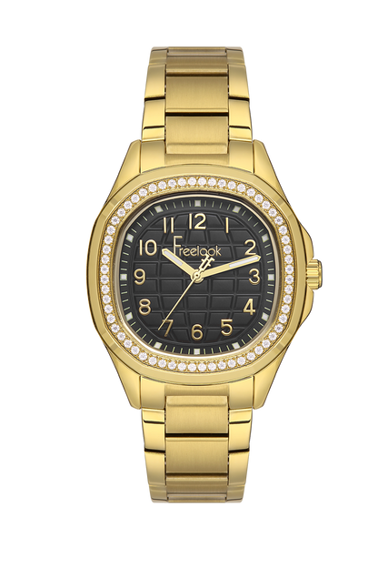 FREELOOK FL.1.10418-3 GOLDEN STEEL BAND BLACK DIAL  FOR WOMEN