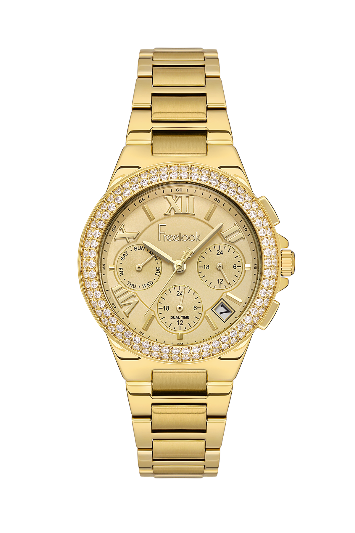 FREELOOK FL.1.10425-2 GOLDEN STEEL BAND GOLDEN DIAL  FOR WOMEN