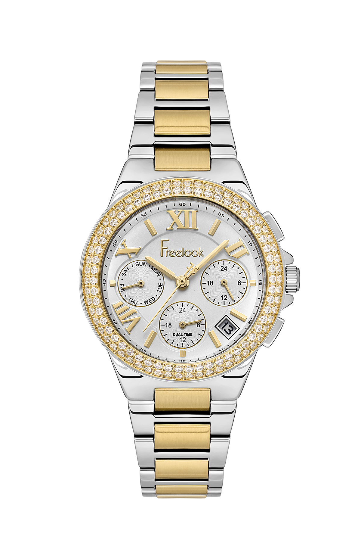 FREELOOK FL.1.10425-3 SILVER AND GOLD STEEL BAND SILVER DIAL  FOR WOMEN