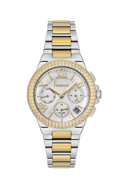 FREELOOK FL.1.10425-3 SILVER AND GOLD STEEL BAND SILVER DIAL  FOR WOMEN