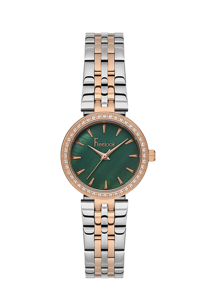 FREELOOK FL.1.10426-7 SILVER AND ROSE GOLD STEEL BAND GREEN DIAL  FOR WOMEN