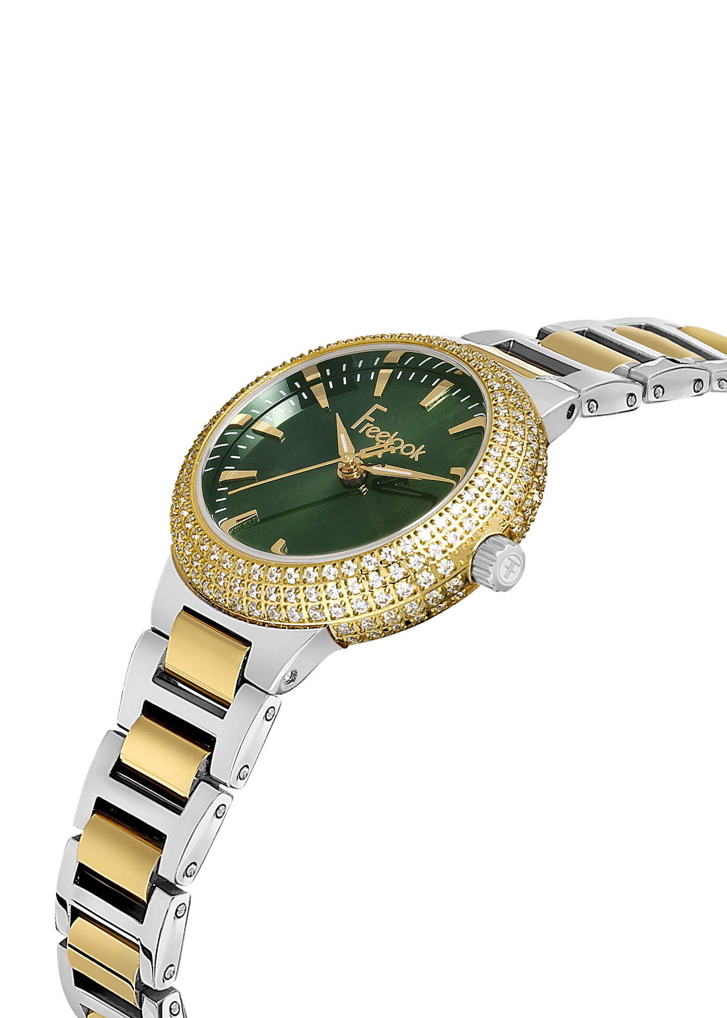 FREELOOK FL.1.10438-4 SILVER AND GOLD STEEL BAND GREEN DIAL  FOR WOMEN