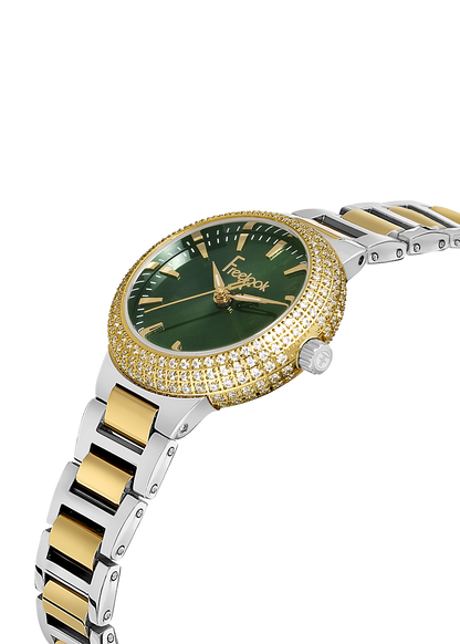 FREELOOK FL.1.10438-4 SILVER AND GOLD STEEL BAND GREEN DIAL  FOR WOMEN