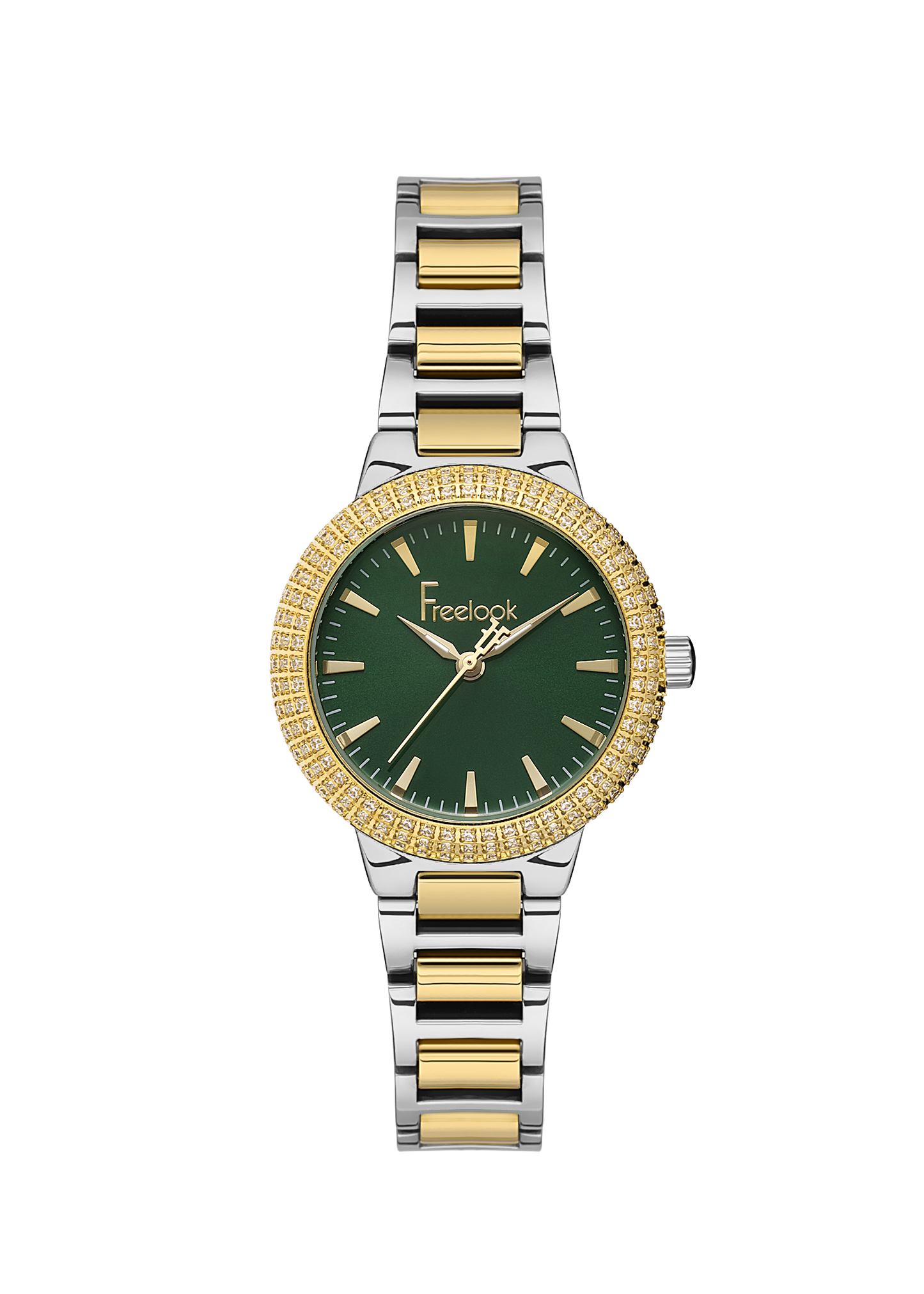 FREELOOK FL.1.10438-4 SILVER AND GOLD STEEL BAND GREEN DIAL  FOR WOMEN