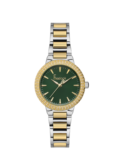FREELOOK FL.1.10438-4 SILVER AND GOLD STEEL BAND GREEN DIAL  FOR WOMEN