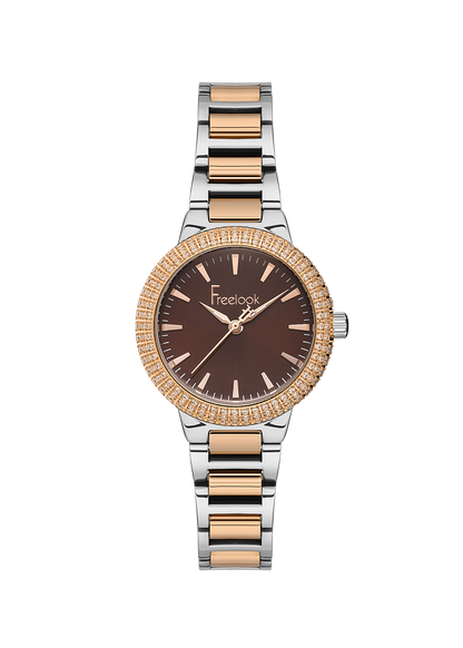 FREELOOK FL.1.10438-5 SILVER AND ROSE GOLD STEEL BAND BROWN DIAL  FOR WOMEN