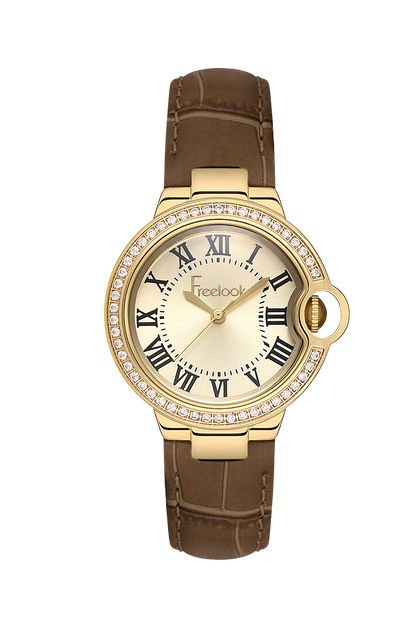 FREELOOK FL.1.10445-3 BEIGE LEATHER BAND GOLDEN DIAL  FOR WOMEN
