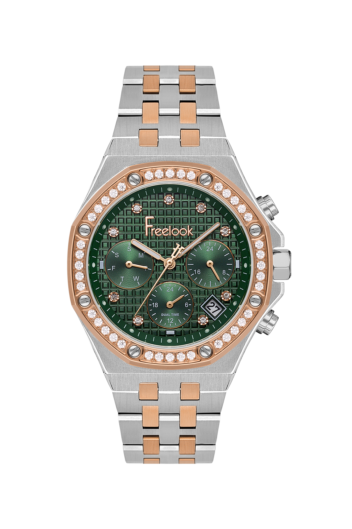 FREELOOK FL.1.10446-6 SILVER AND ROSE GOLD STEEL BAND GREEN DIAL  FOR WOMEN