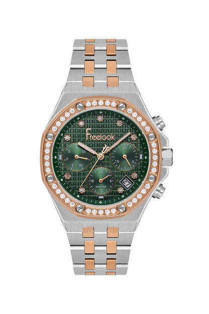 FREELOOK FL.1.10446-6 SILVER AND ROSE GOLD STEEL BAND GREEN DIAL  FOR WOMEN