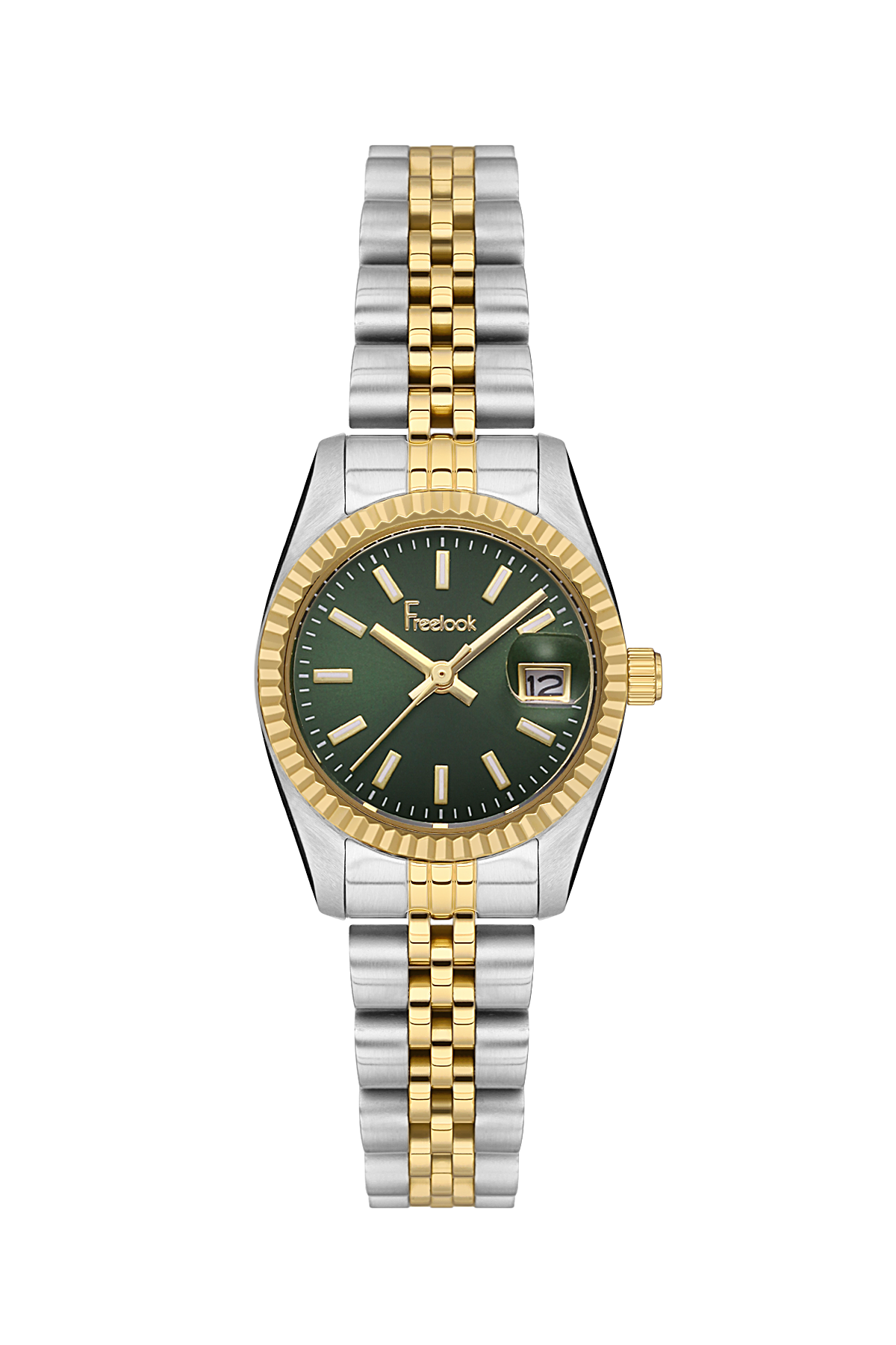 FREELOOK FL.4.10001-4 SILVER AND GOLD STEEL BAND GREEN DIAL  FOR WOMEN