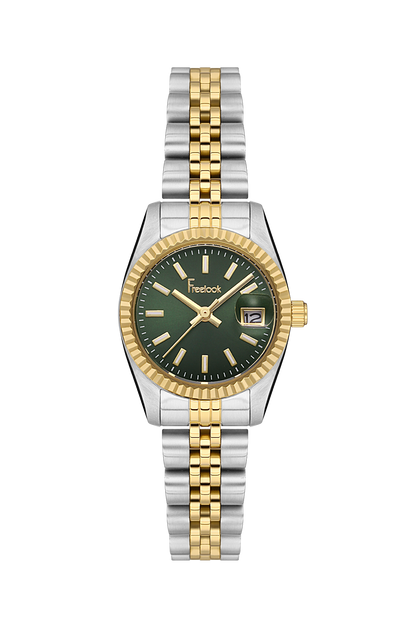 FREELOOK FL.4.10001-4 SILVER AND GOLD STEEL BAND GREEN DIAL  FOR WOMEN