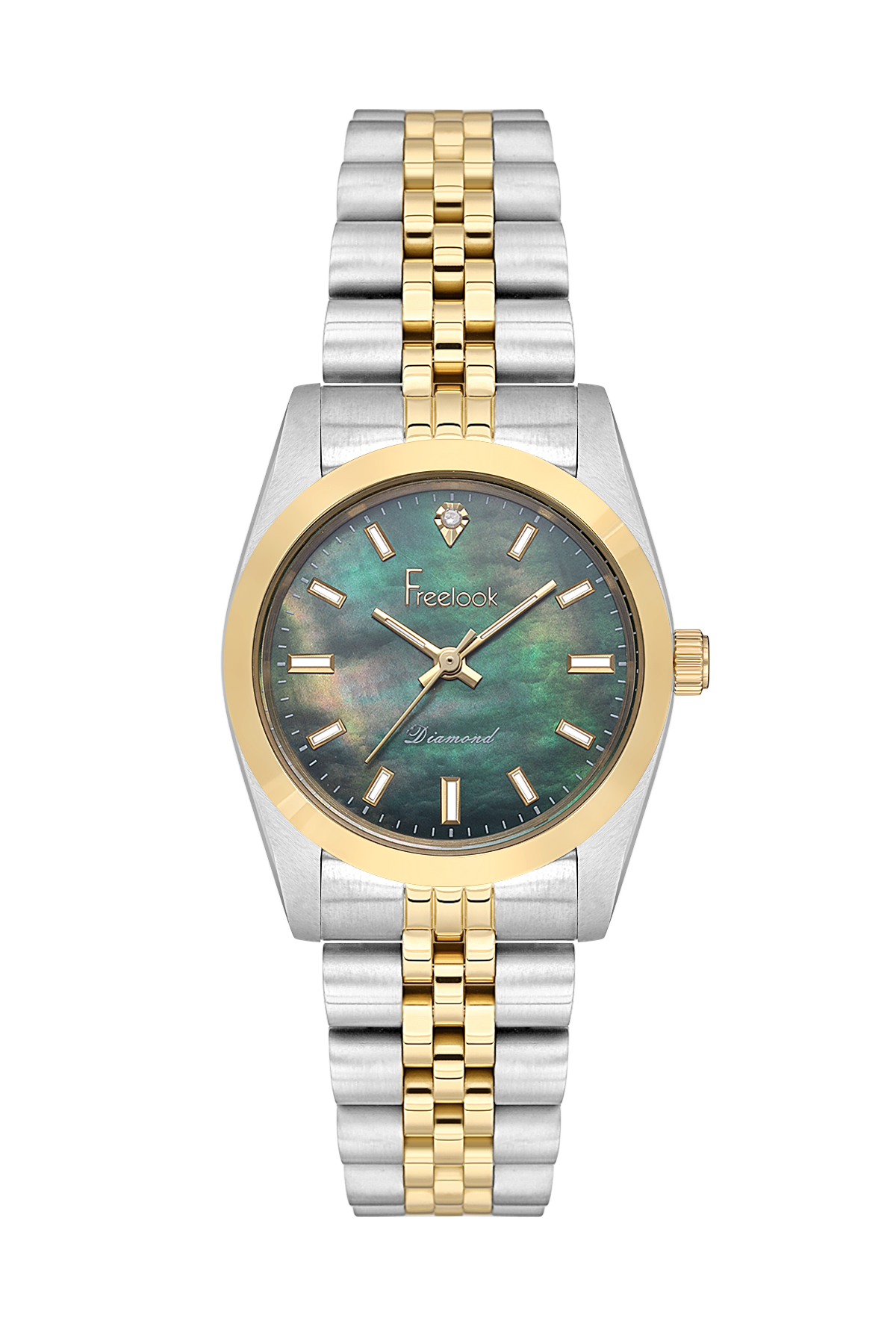 FREELOOK FL.4.10004-5 SILVER AND GOLD STEEL BAND GREEN DIAL  FOR WOMEN