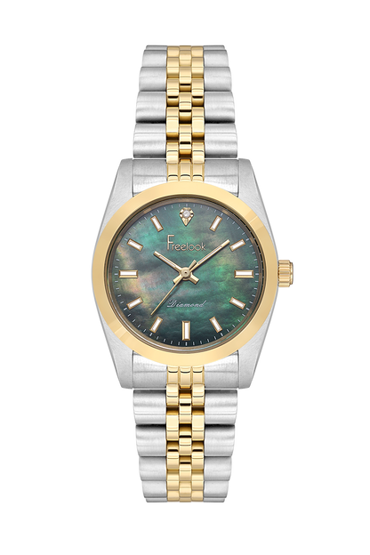 FREELOOK FL.4.10004-5 SILVER AND GOLD STEEL BAND GREEN DIAL  FOR WOMEN