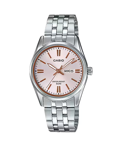 CASIO  LTP-1335D-4A SILVER STEEL BAND PINK DIAL  FOR WOMEN