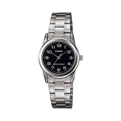 CASIO  LTP-V001D-1B SILVER STEEL BAND BLACK DIAL  FOR WOMEN