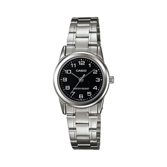 CASIO  LTP-V001D-1B SILVER STEEL BAND BLACK DIAL  FOR WOMEN
