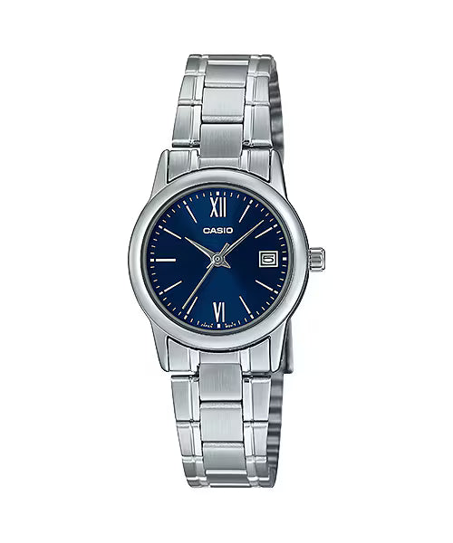 CASIO  LTP-V002D-2B3 SILVER STEEL BAND NAVY BLUE DIAL  FOR MEN