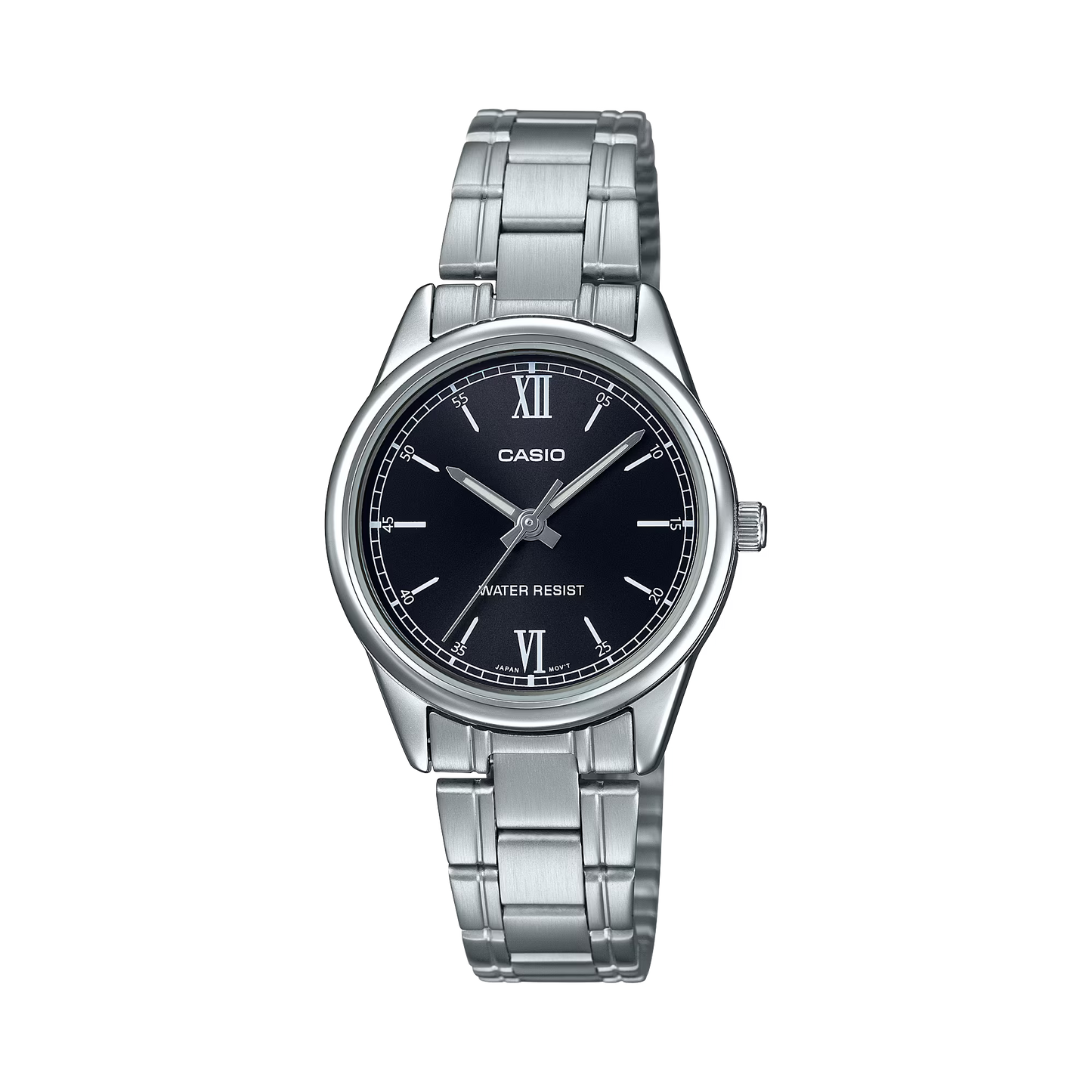 CASIO  LTP-V005D-1B2 SILVER STEEL BAND BLACK DIAL  FOR WOMEN