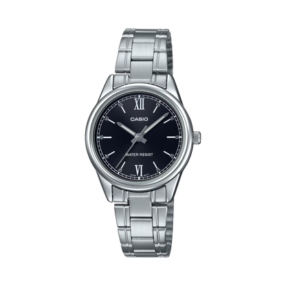 CASIO  LTP-V005D-1B2 SILVER STEEL BAND BLACK DIAL  FOR WOMEN