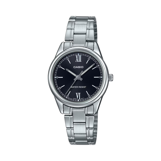 CASIO  LTP-V005D-1B2 SILVER STEEL BAND BLACK DIAL  FOR WOMEN