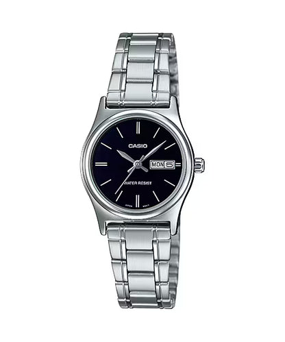 CASIO  LTP-V006D-1B2 SILVER STEEL BAND BLACK DIAL  FOR WOMEN