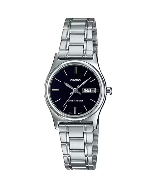 CASIO  LTP-V006D-1B2 SILVER STEEL BAND BLACK DIAL  FOR WOMEN