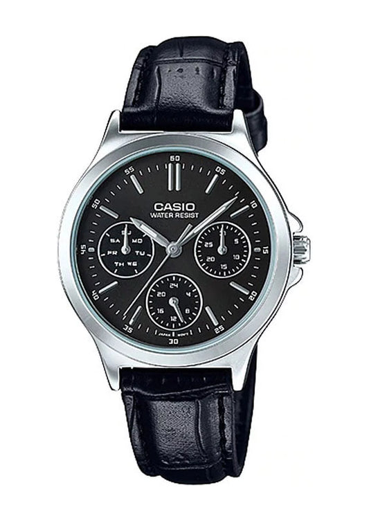 Casio Simple Multifunction Black Leather Black Dial For Women LTP-V300L-1A