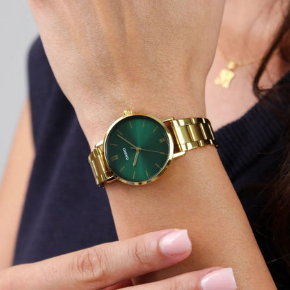 CASIO  LTP-VT02G-3A GOLDEN STEEL BAND GREEN DIAL  FOR WOMEN