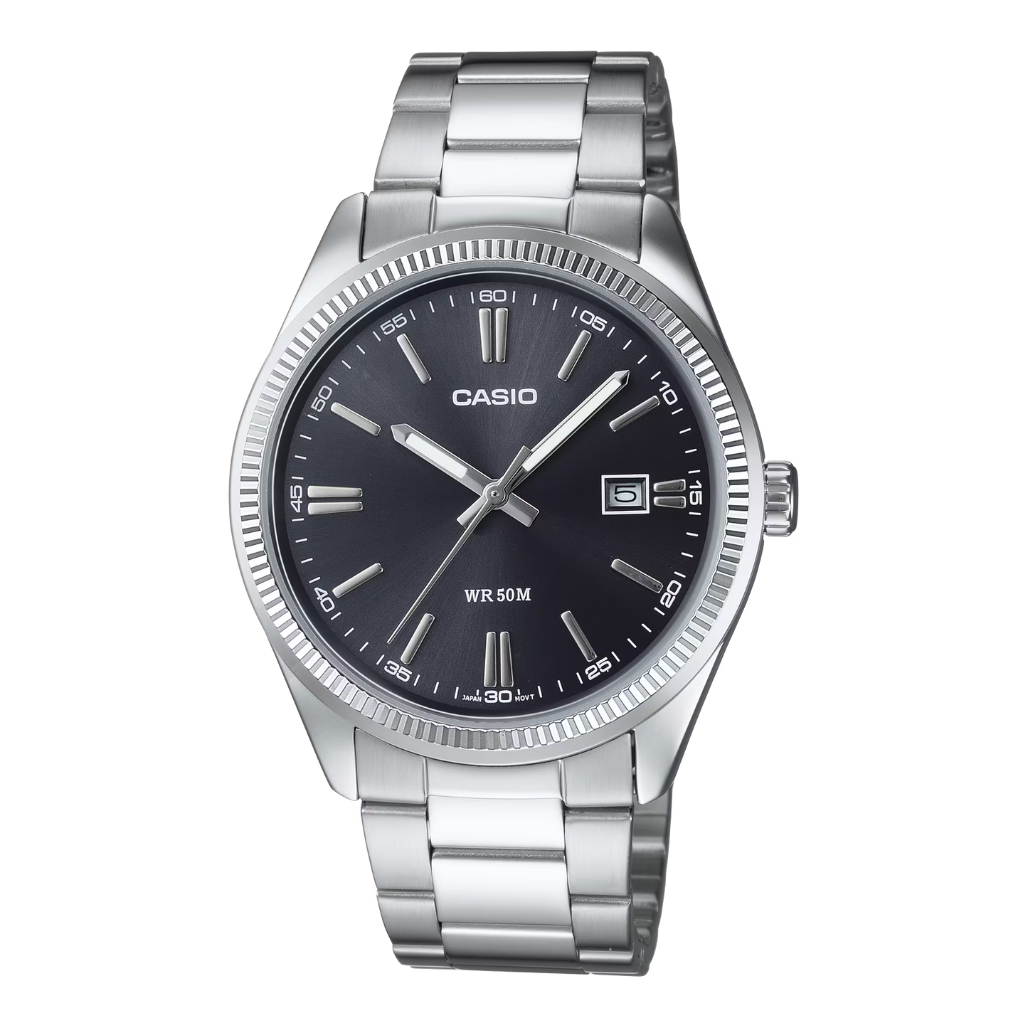 CASIO  MTP-1302D-1A1 SILVER STEEL BAND BLACK DIAL  FOR MEN