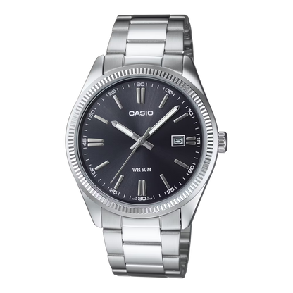 CASIO  MTP-1302D-1A1 SILVER STEEL BAND BLACK DIAL  FOR MEN
